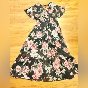 Chic Floral Maxi Ruffle Dress - Black Pink Cream Floral Sheer